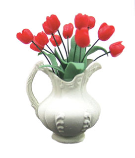 Dollhouse Miniature Red Tulips In Pitcher